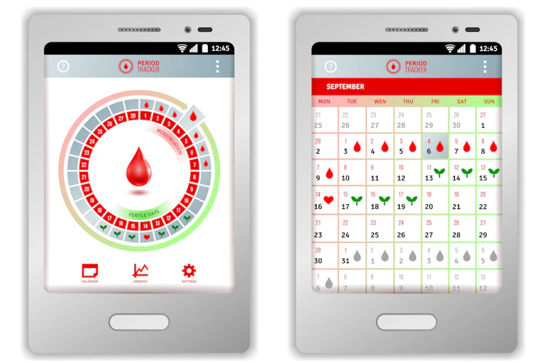 Vue d'un écran avec une version de calendrier de suivi du cycle menstruel