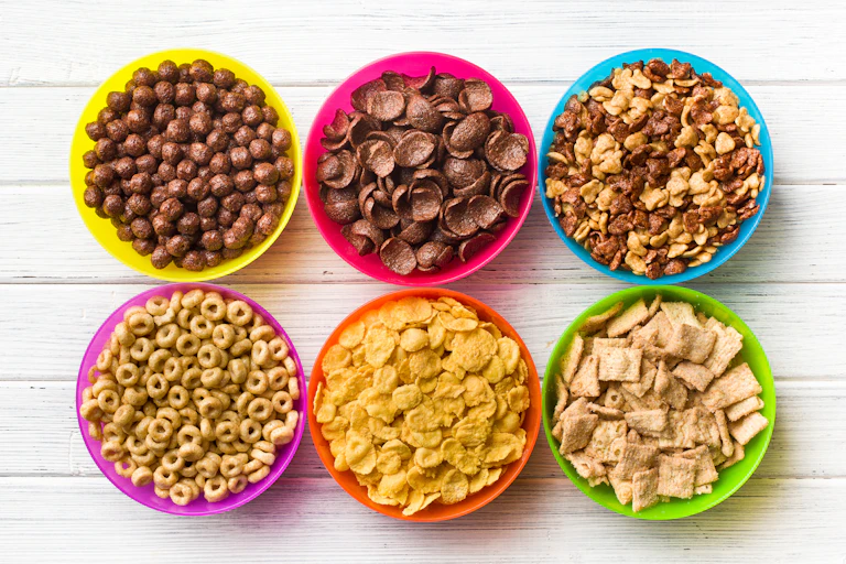 Six bowls of breakfast cereal, many of which are considered ultra-processed foods.