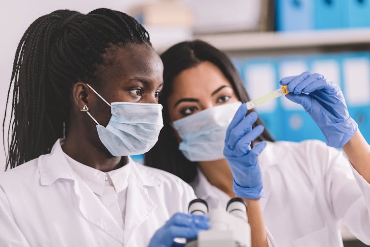 Two researchers looking at test tube