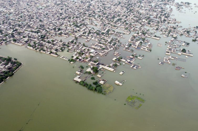 A aerial photo of a flooded town.