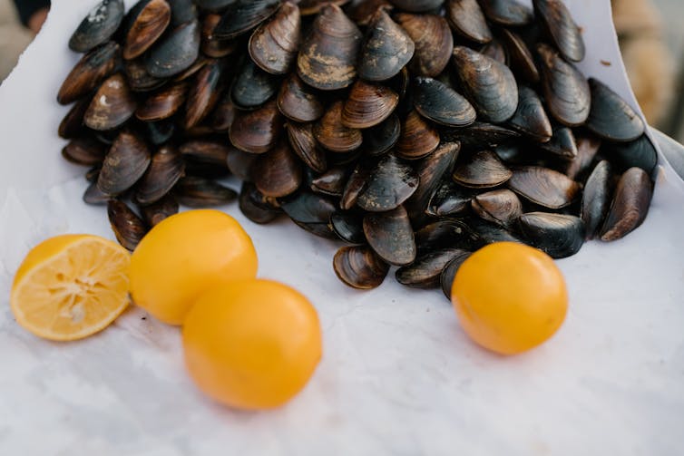 Mussels lie on an ice bed at a shop.