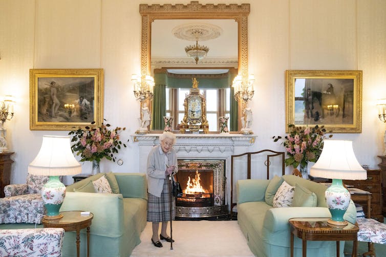 Queen Elizabeth II waiting in the Drawing Room before receiving Liz Truss for an audience at Balmoral, Scotland.