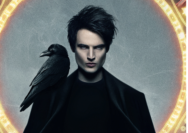 Man in all black with a raven on his shoulder. 