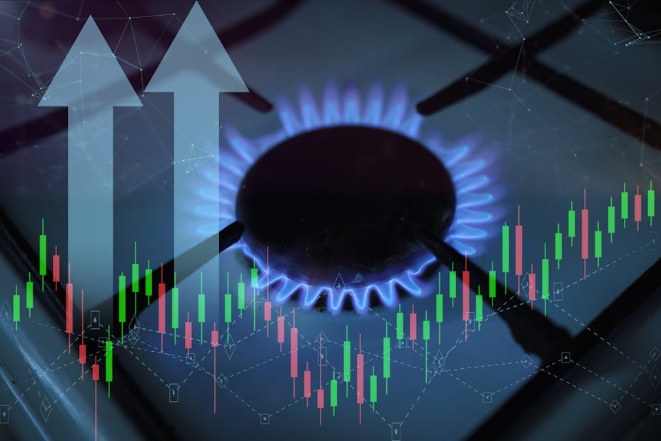 A gas hob with price data graph in background.