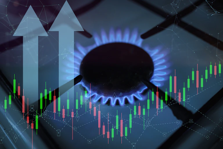 A gas hob with price data graph in background.