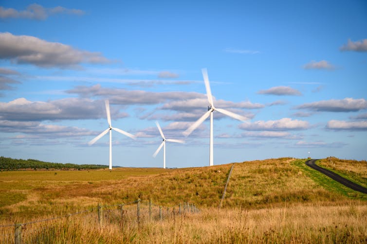 Three windmills in a field.