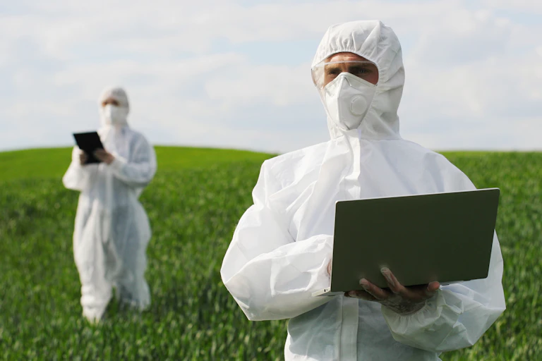 Two scientists in a field with laptops