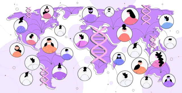 Illustration of map with DNA strands on each continent, surrounded by people in bubbles in various locations