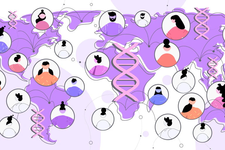Illustration of map with DNA strands on each continent, surrounded by people in bubbles in various locations