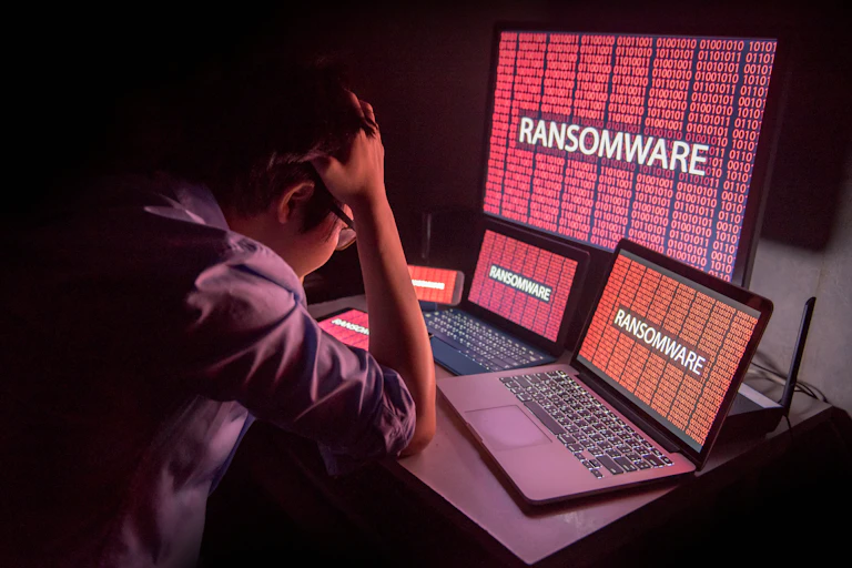 Man stares at computer screen infected by ransomware