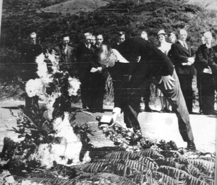 The Duke of Edinburgh places a wreath after the Tangiwai disaster