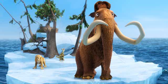 Still from animated film Ice Age shows a mammoth, sabre-toothed tiger and sloth stranded on a small ice island.  