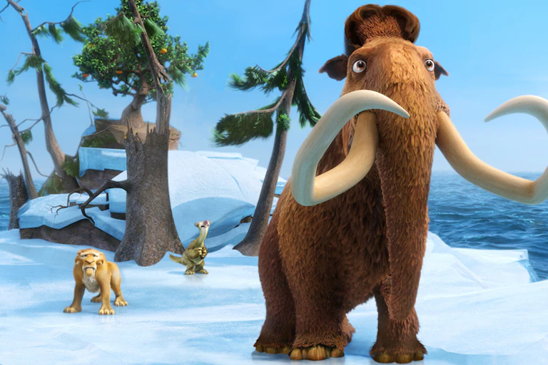 Still from animated film Ice Age shows a mammoth, sabre-toothed tiger and sloth stranded on a small ice island.