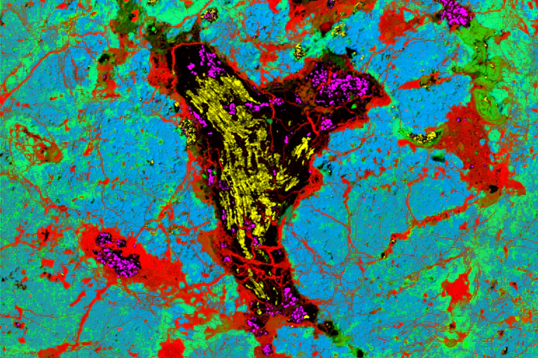 A red, yellow and purple coloured marbling on a turquoise background