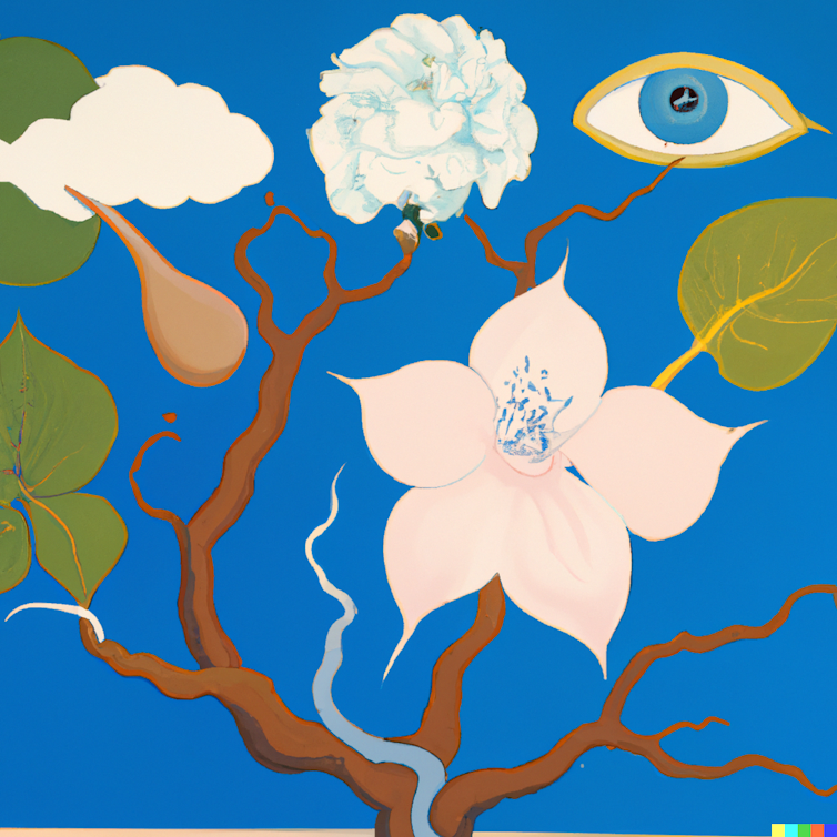 Un'immagine generata da DALL-E dal prompt “Mind in Bloom' che unisce gli stili di Salvador Dalì, Henri Matisse e Brett Whiteley