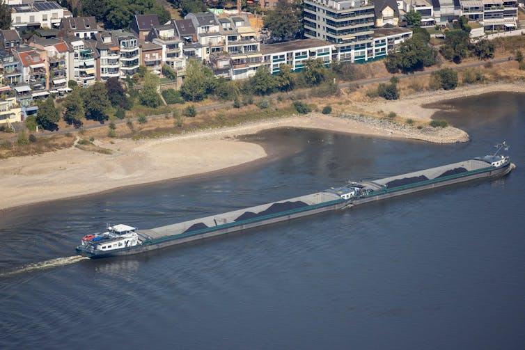 Barge on river, aerial view