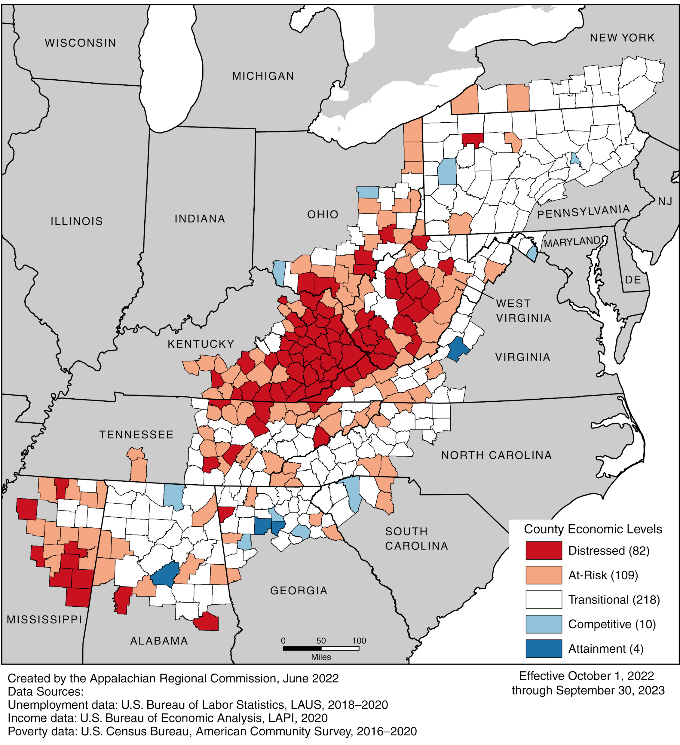 A map of Appalachian states indicating economic status of all counties.