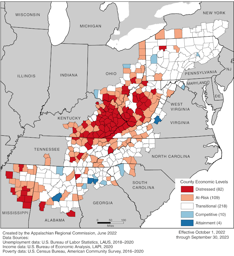 Una mappa degli stati degli Appalachi che indica lo stato economico di tutte le contee.