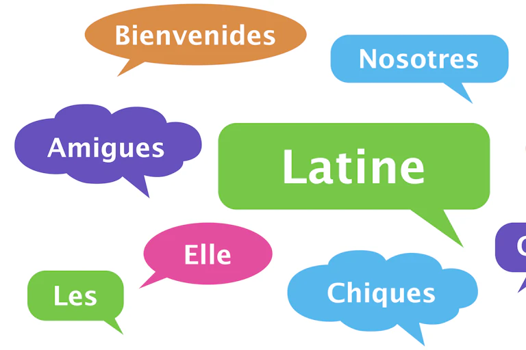 Text bubbles in different colors featuring different Spanish words.
