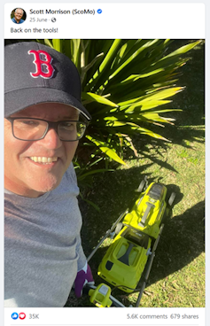 A Facebook post shows a selfie of Scott Morrison mowing his lawn