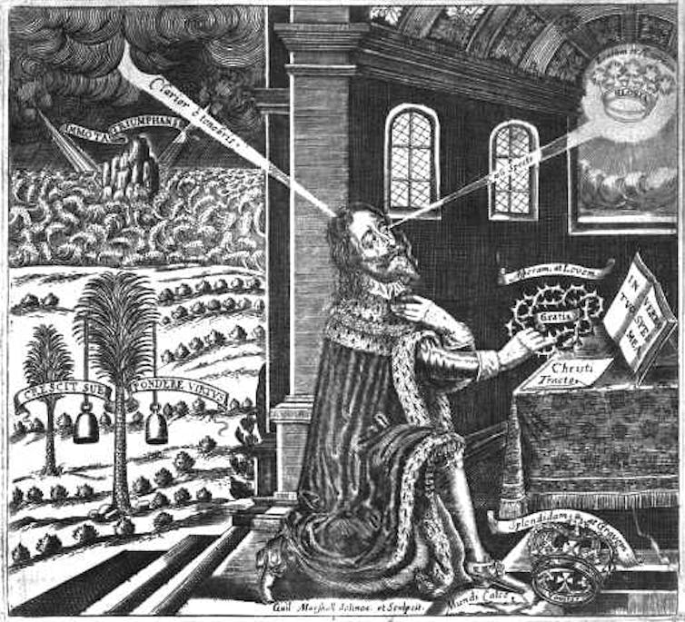Drawing of Charles I with beams of light running from the sky and a floating crown to his head