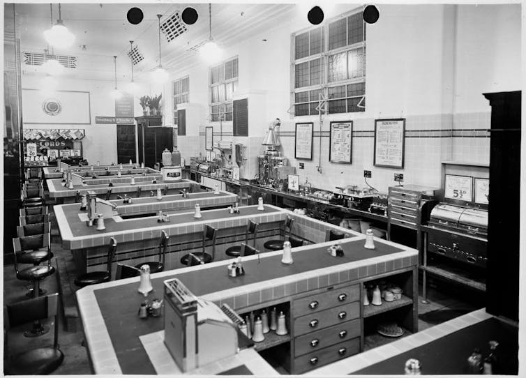 An old, tiled cafeteria