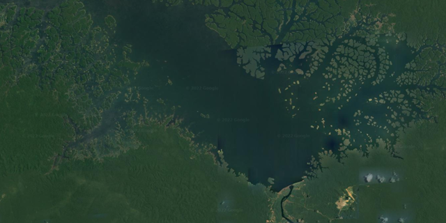 Satellite image of dam, reservoir and islands