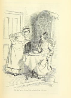 A woman eats soup while a maid scowls at her.