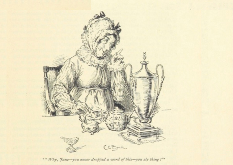A woman talking while having tea.