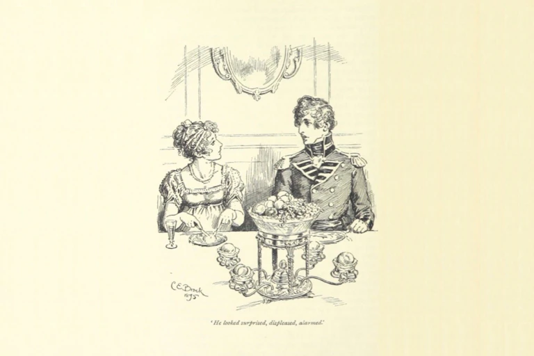 A man and woman talk at the dinner table.
