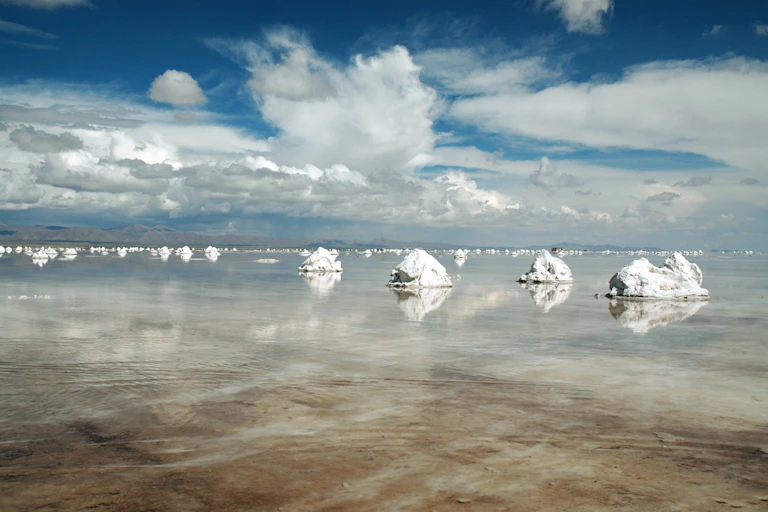 Des tas de sels se reflètent dans l'eau.