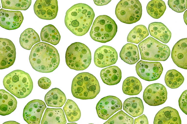 Roughly circular shapes containing other circular shapes within their outlines, green in colour