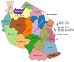 A map of Tanzania that shows its regions in different colors.