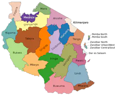 A map of Tanzania that shows its regions in different colors.