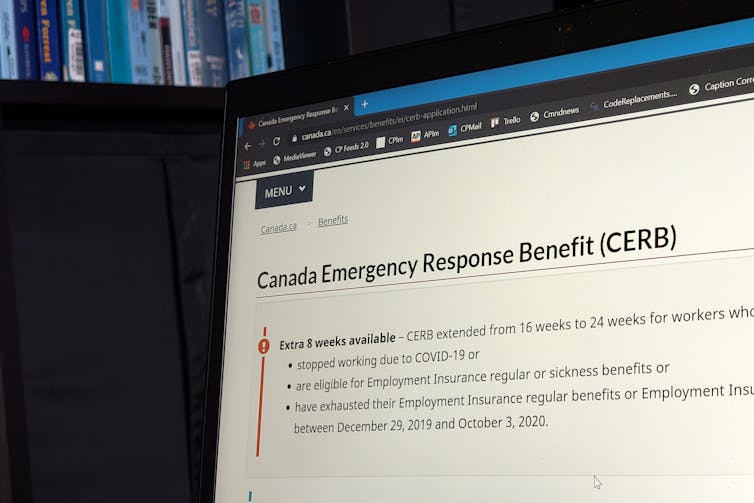 The landing page for the Canada Emergency Response Benefit is seen on a computer screen