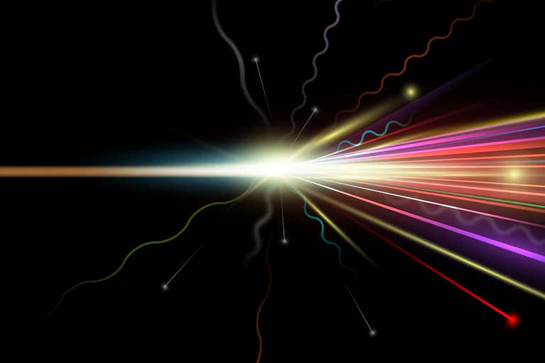 A beam splitting into many different colored lines and wiggles.