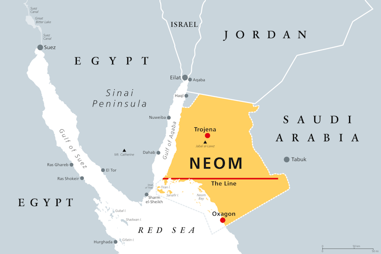 Map showing the location of The Line and NEOM region in Saudia Arabia