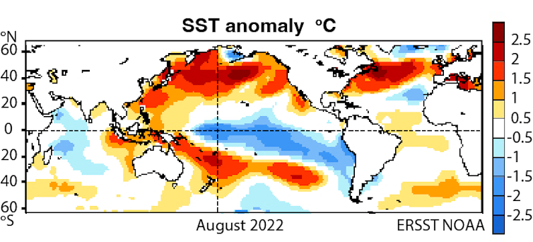 A map of sea surface temperature anomalies show high temperatures near New Zealand and off Russia, Alaska and Japan.