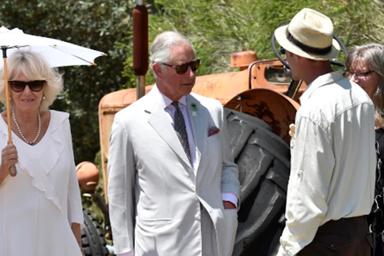 composite image: left, woman stands under umbrella as two men talk. Right, woman and man shake hands