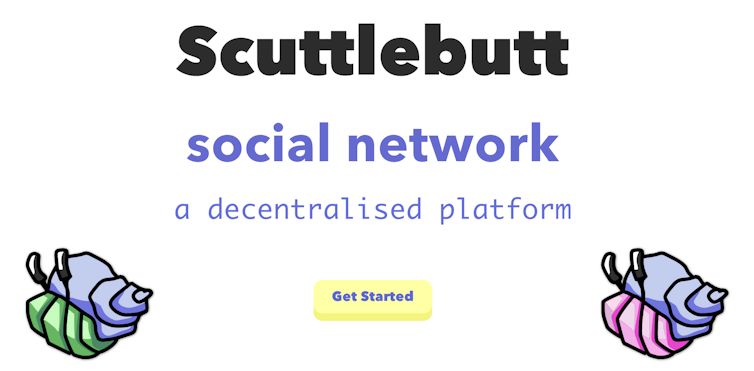O captură de ecran care spune Scuttlebutt, rețea socială, o platformă descentralizată cu un crab pustnic colorat în fiecare colț de jos