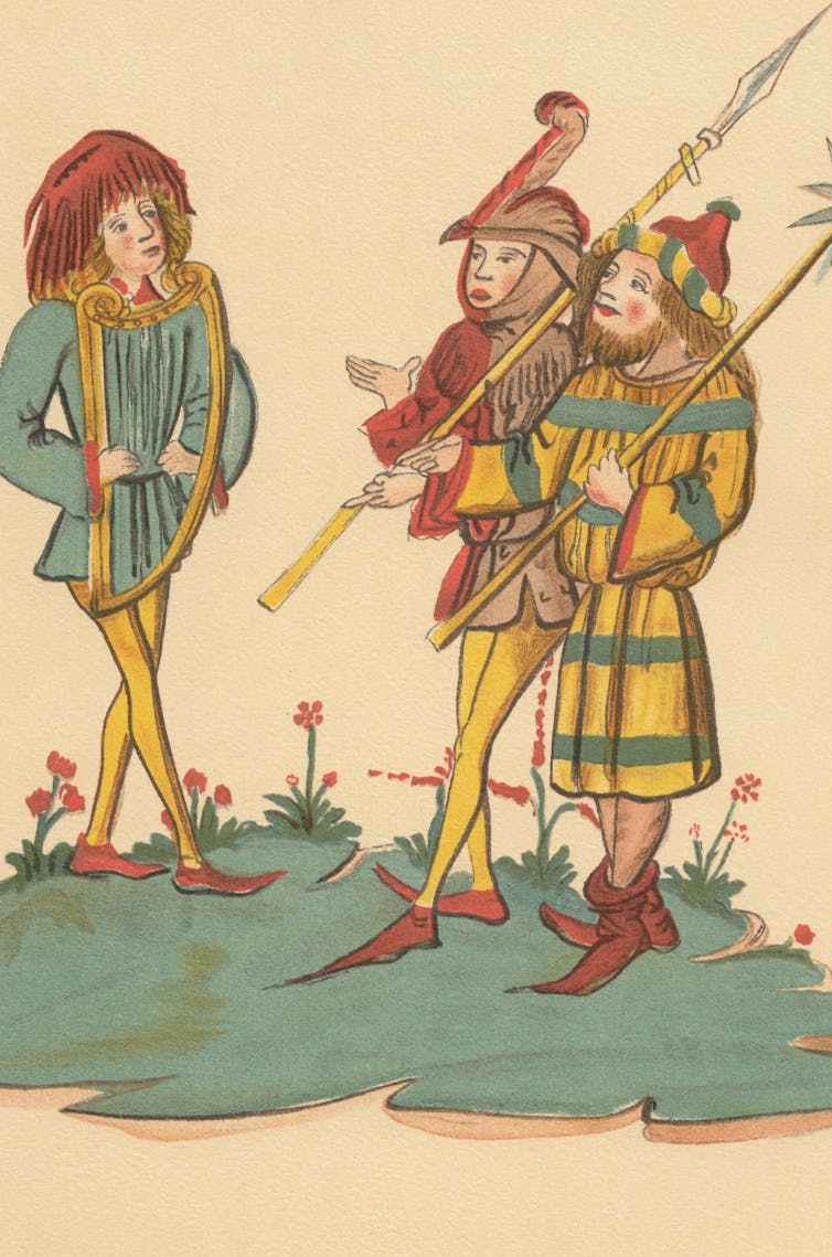 Έργο τέχνης ενός μεσαιωνικού μουσικού ντυμένου με πράσινα και κίτρινα ρούχα που παίζει άρπα.