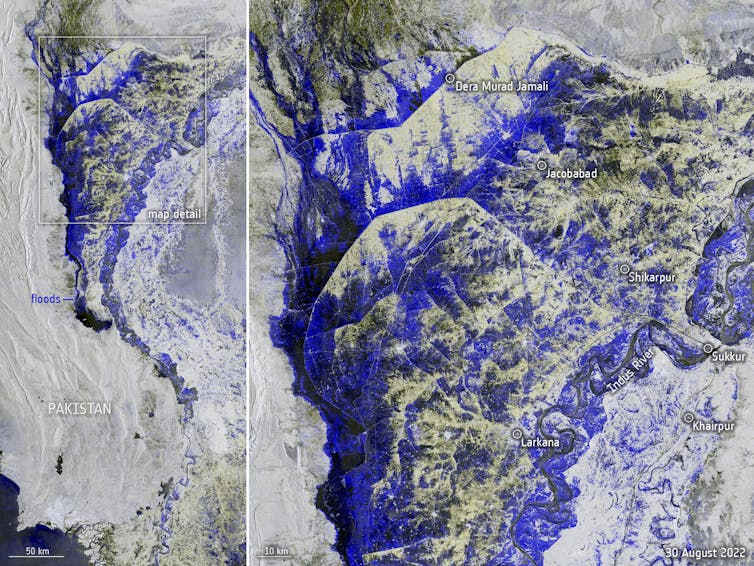 Satellite images show broad areas of water