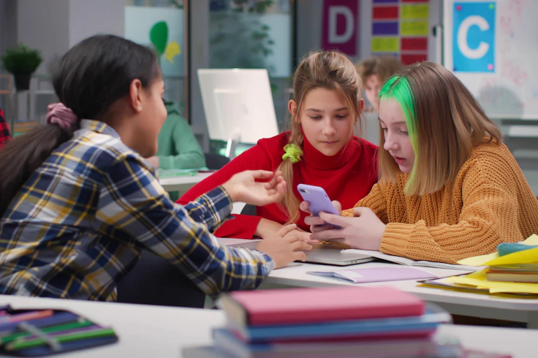 Teenagers looking at phone in class
