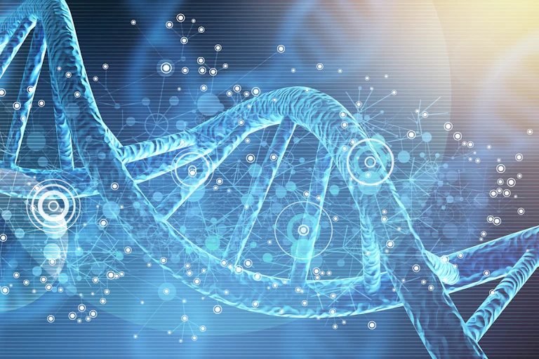 Infographie montrant une molécule d'ADN et évoquant des modifications