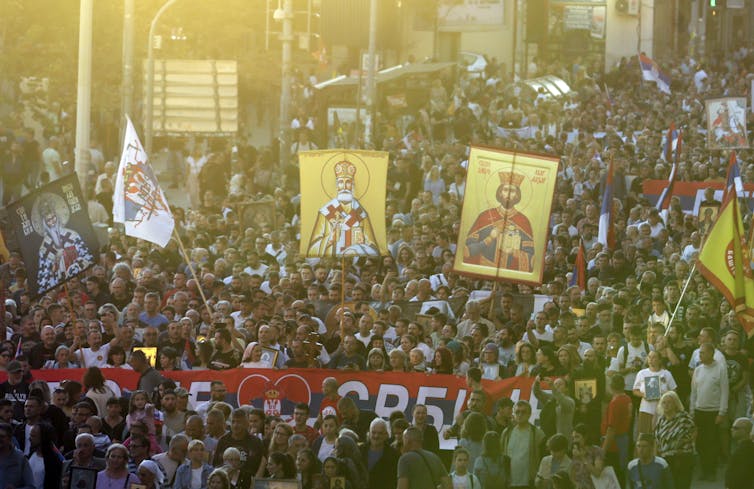 Protestors march during a protest against the international LGBTQ event EuroPride in Belgrade, Serbia, 11 September 2022.