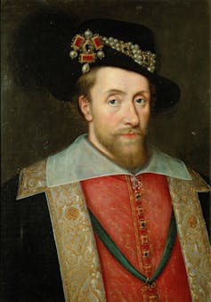 A historic painted portrait of a king wearing jewels.