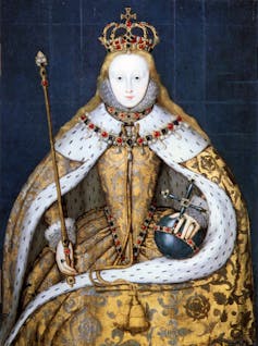 A painted portrait of a young queen wearing a crown and an ermine-trimmed cape over a gold dress.