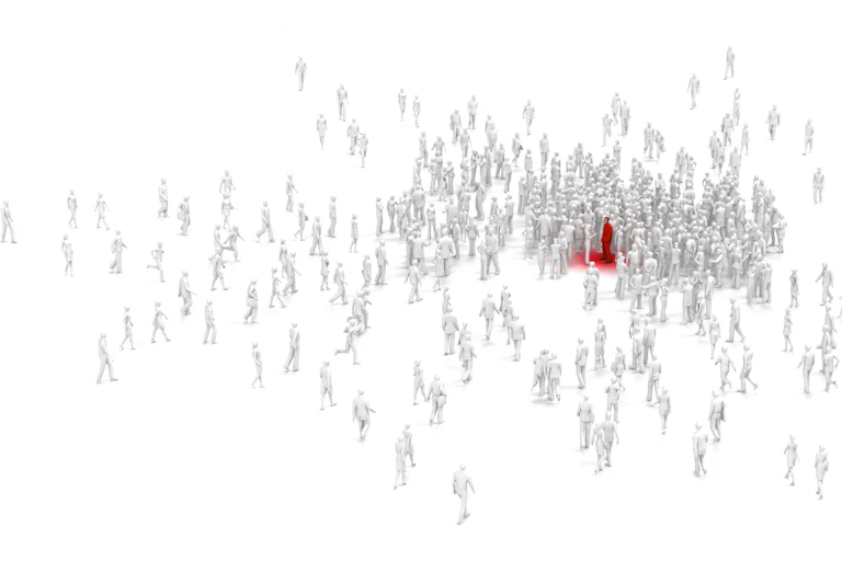 A group of human figures in a crowd with a small red stain in the middle starting to spread.