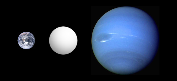 Aralarında orta büyüklükte bir gezegen olan Dünya ve Neptün'ü gösteren bir görüntü.