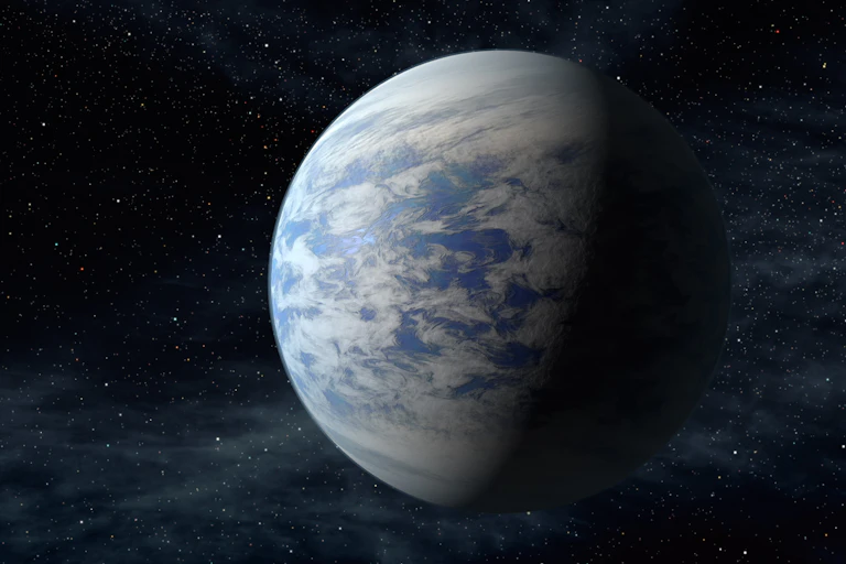 A cloudy ocean world in space.